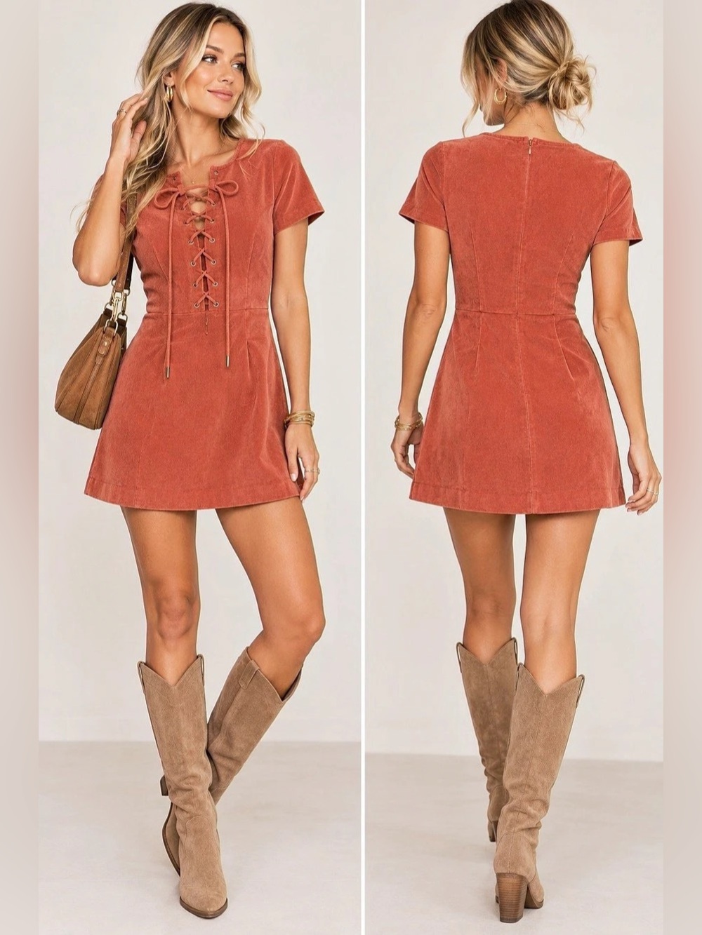 Storia Lace-Up sueded corduroy A-line Mini Dress in Rust Size Med Like New